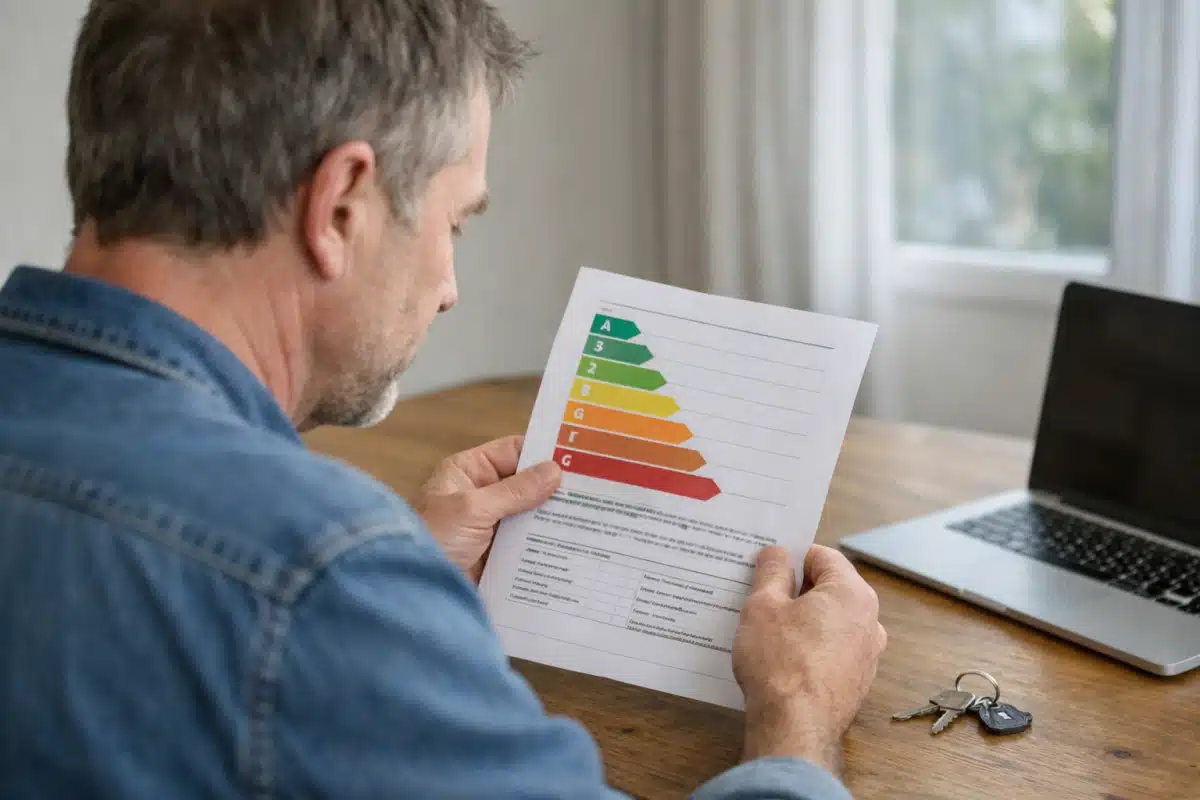 Homme tenant un DPE avec échelle énergétique colorée
