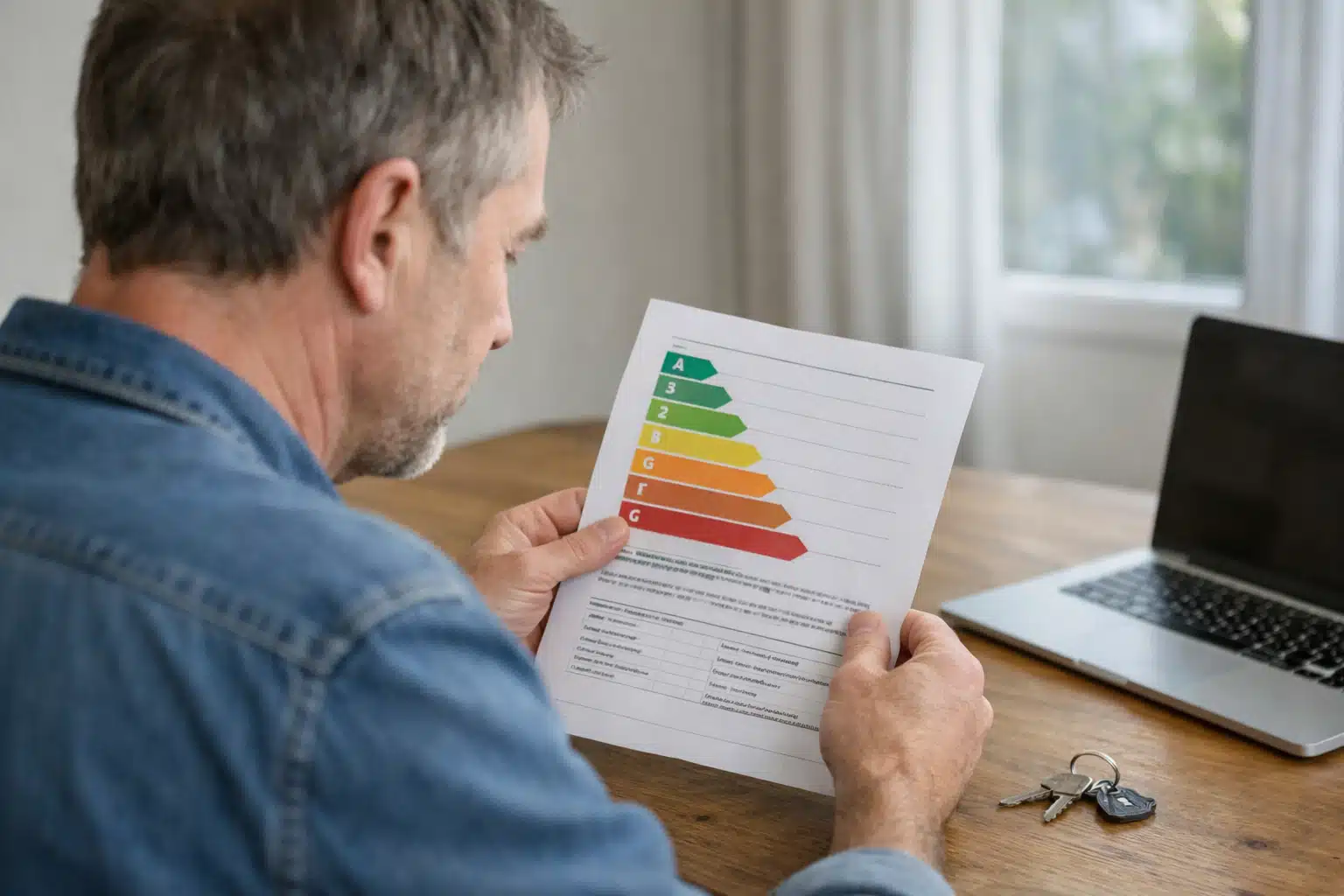Homme tenant un DPE avec échelle énergétique colorée