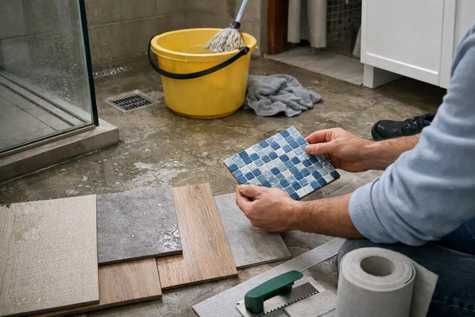 Mains posant carreau bleu à motifs sur sol
