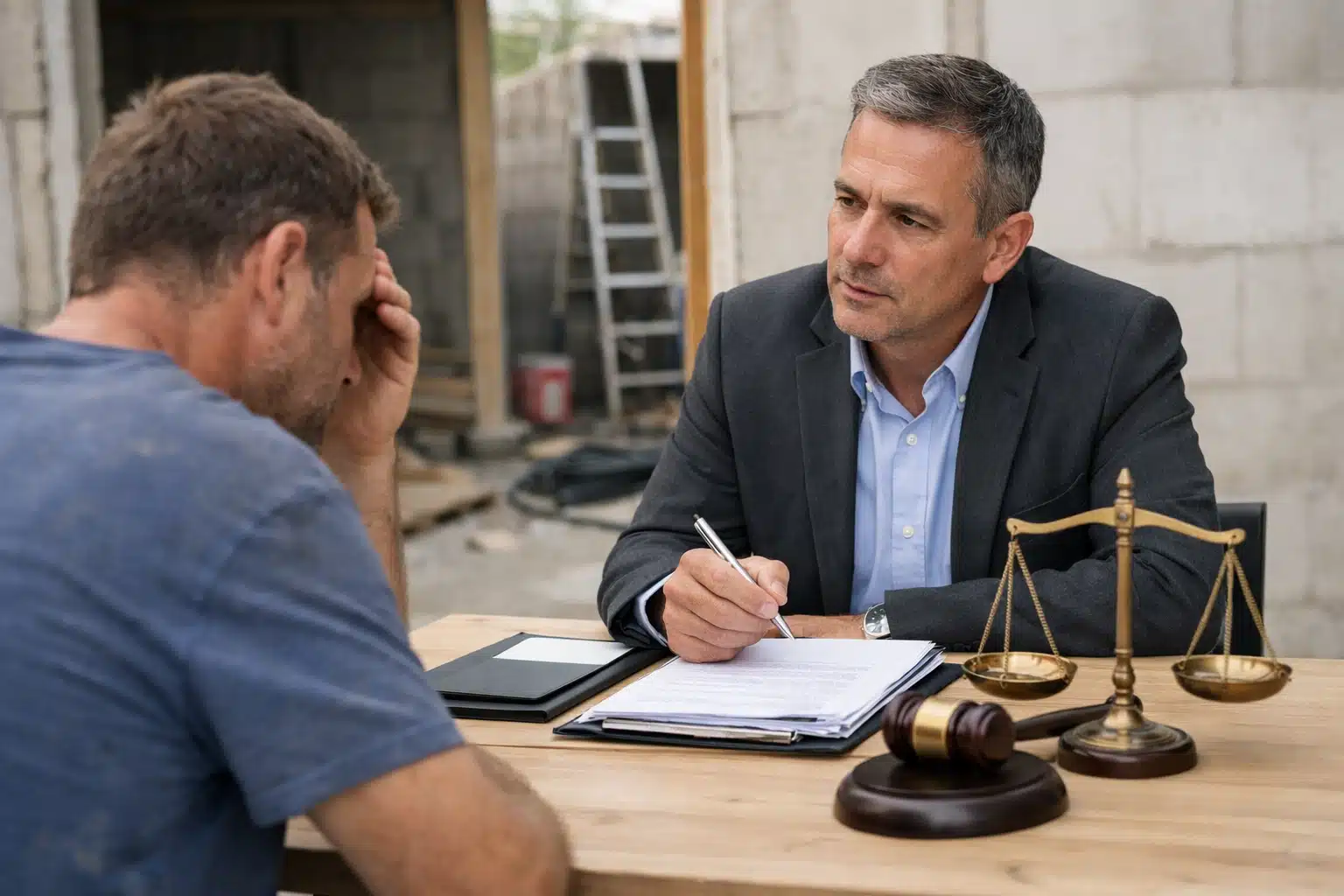 Avocat consultant un client, documents et balance