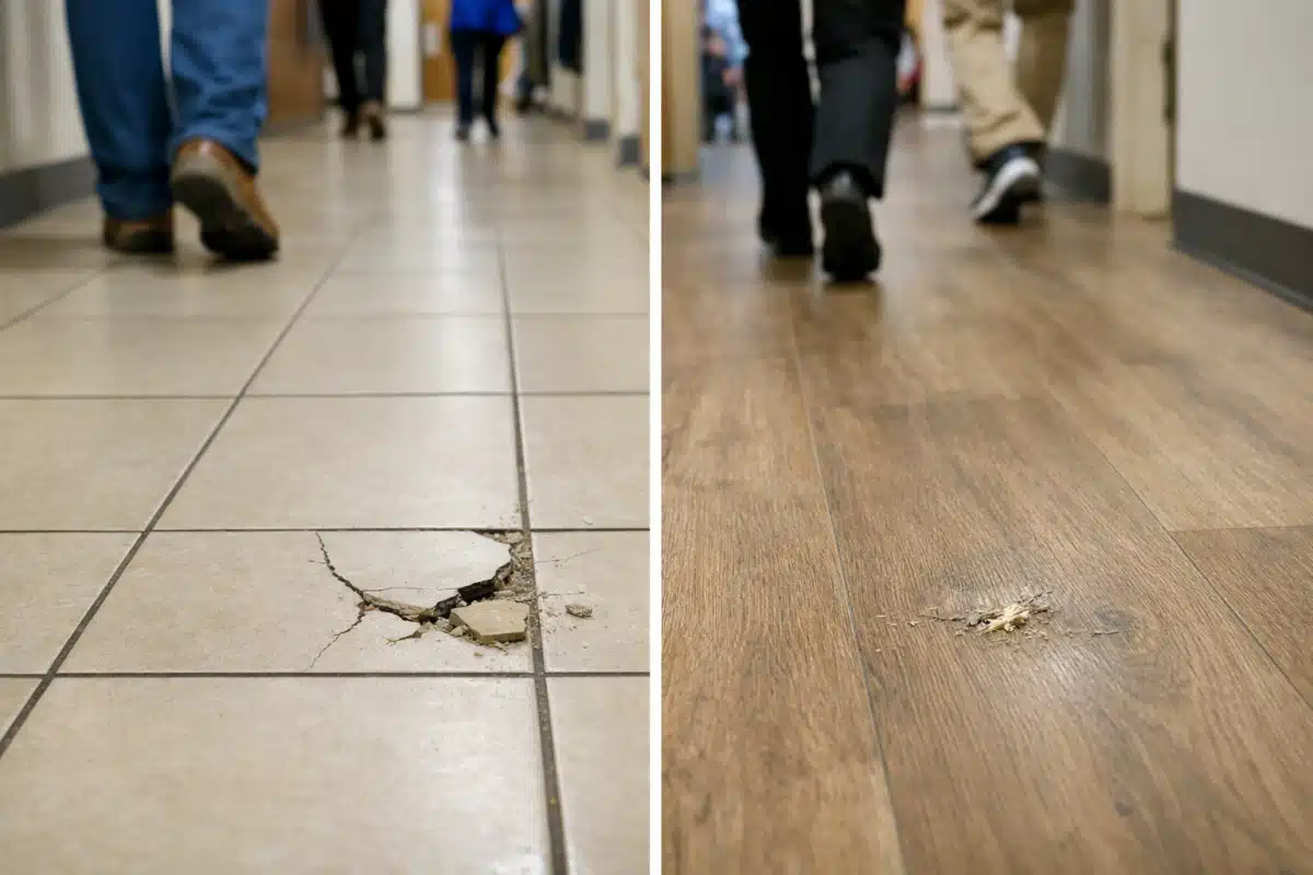 Sol carrelé fissuré à gauche, parquet abîmé à droite