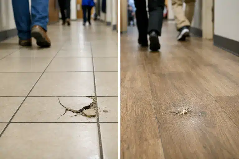 Sol carrelé fissuré à gauche, parquet abîmé à droite