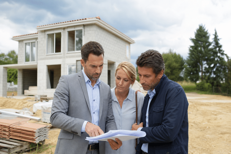 Trois professionnels consultent des plans devant une maison en construction