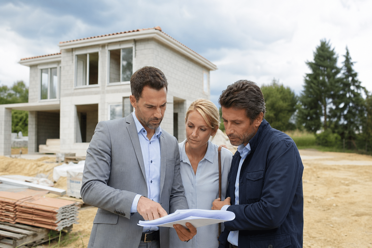 Trois professionnels consultent des plans devant une maison en construction