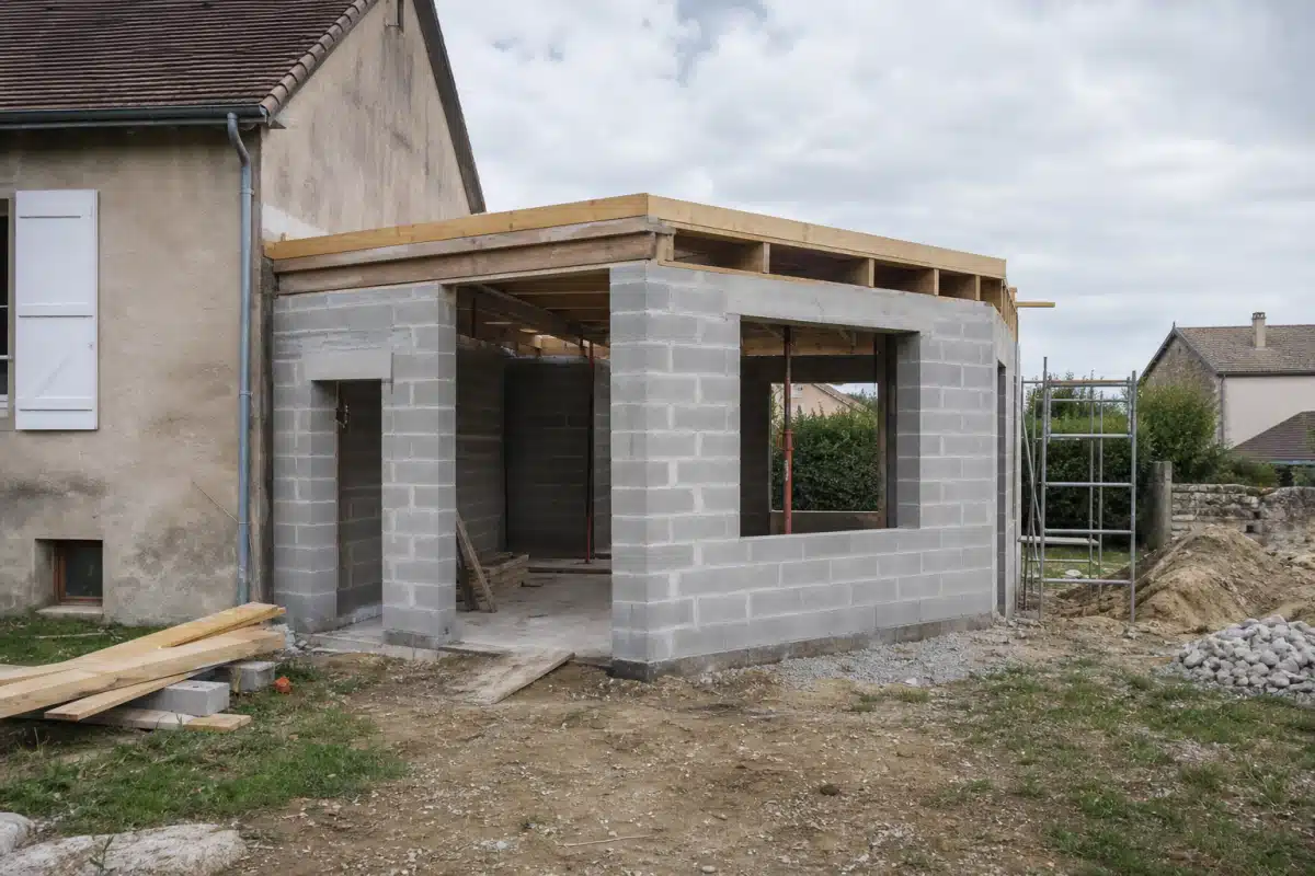 Extension de maison en parpaings avec charpente