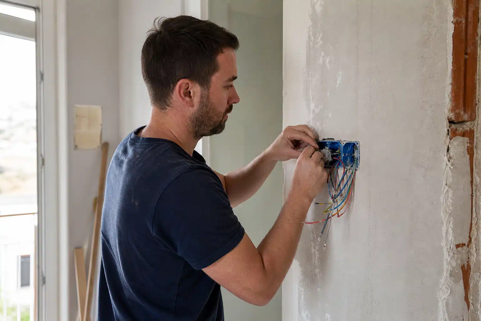 Homme câblant un boîtier électrique mural