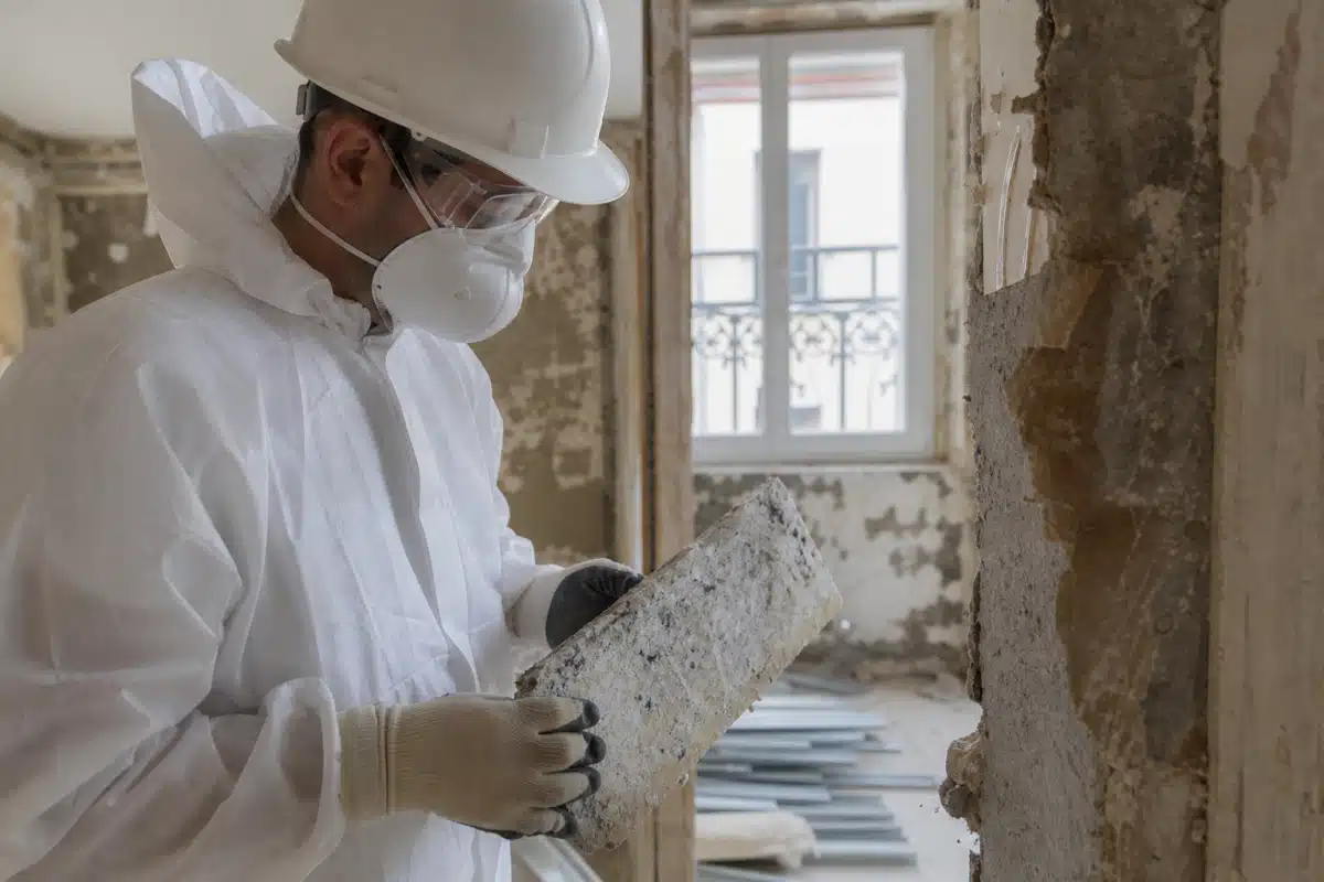 ouvrier en combinaison et masque enlève enduit d'un mur